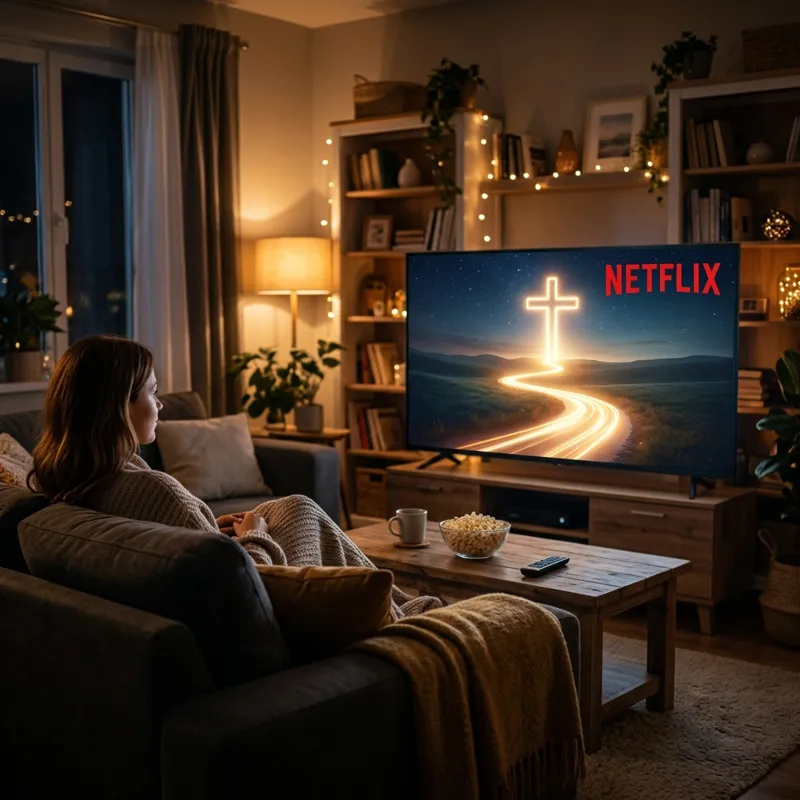 Familia viendo una película cristiana en Netflix en el salón de casa